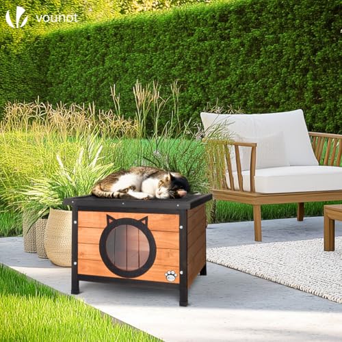 Detalle de VOUNOT Casetta per Gatti in Legno con Porta Design Orecchie di Gatto – 57 x 45 x 43 cm