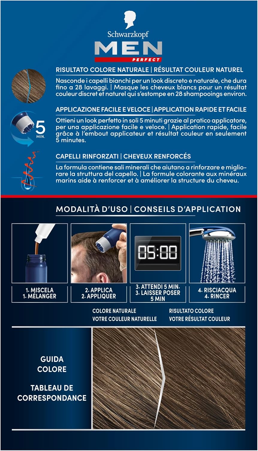 Detalle de Schwarzkopf Men Perfect Tinta Copertura Capelli Bianchi 50 Castano Chiaro Naturale – Gel Colorante per Uomo