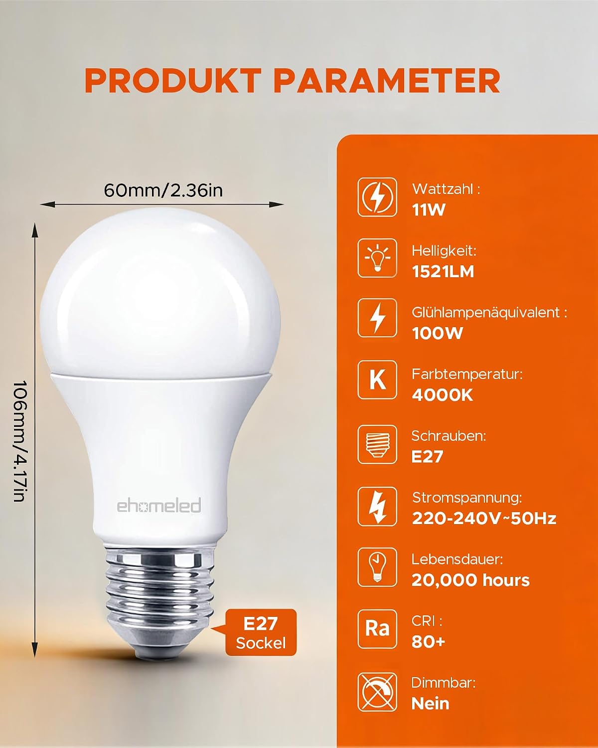Detalle 2 de ehomeled E27 LED Neutralweiss 11W 1521 Lumen