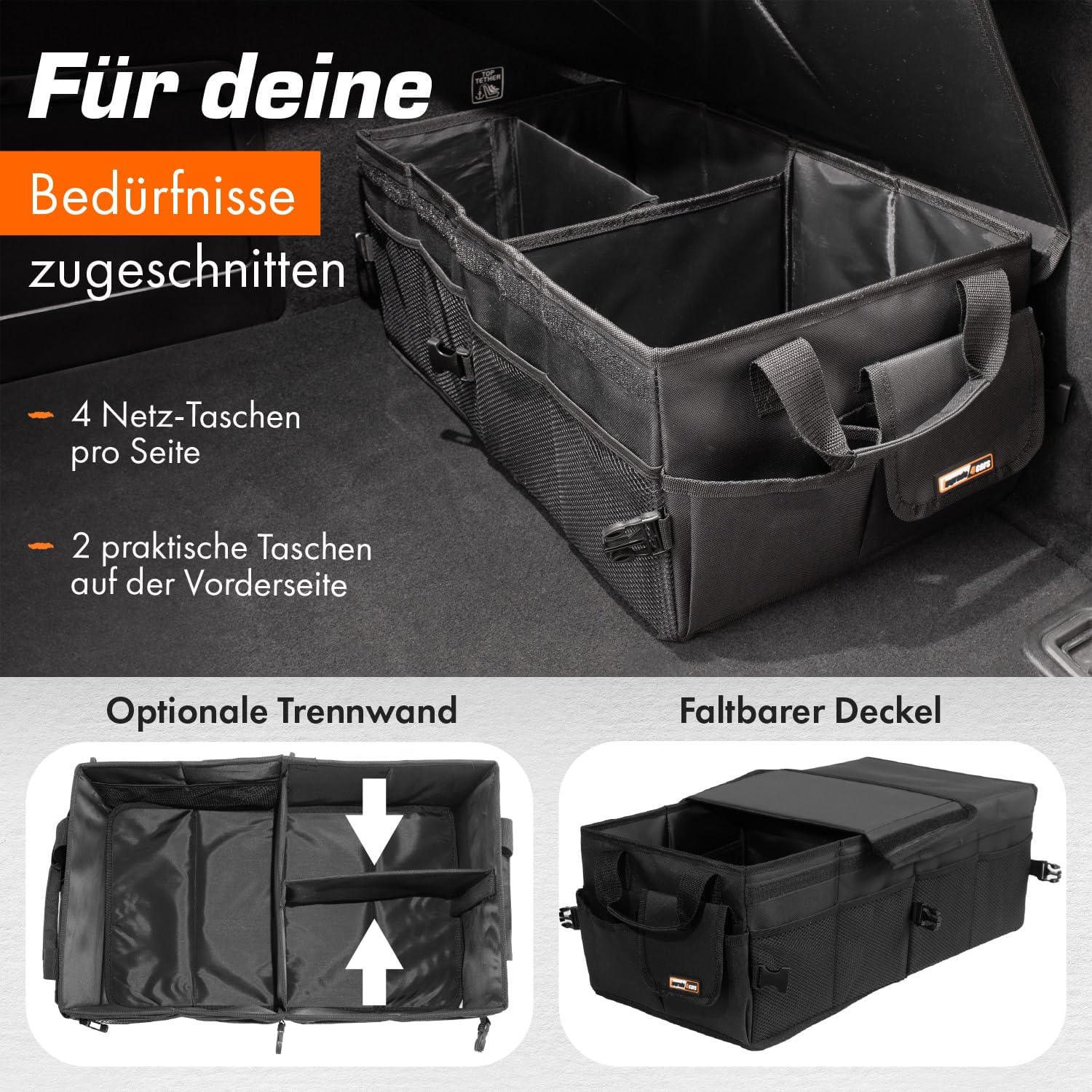 Thumbnail 2 de Upgrade4cars Kofferraum Organizer mit Deckel & Klett – faltbare XXL Kofferraumtasche für Ordnung im Auto