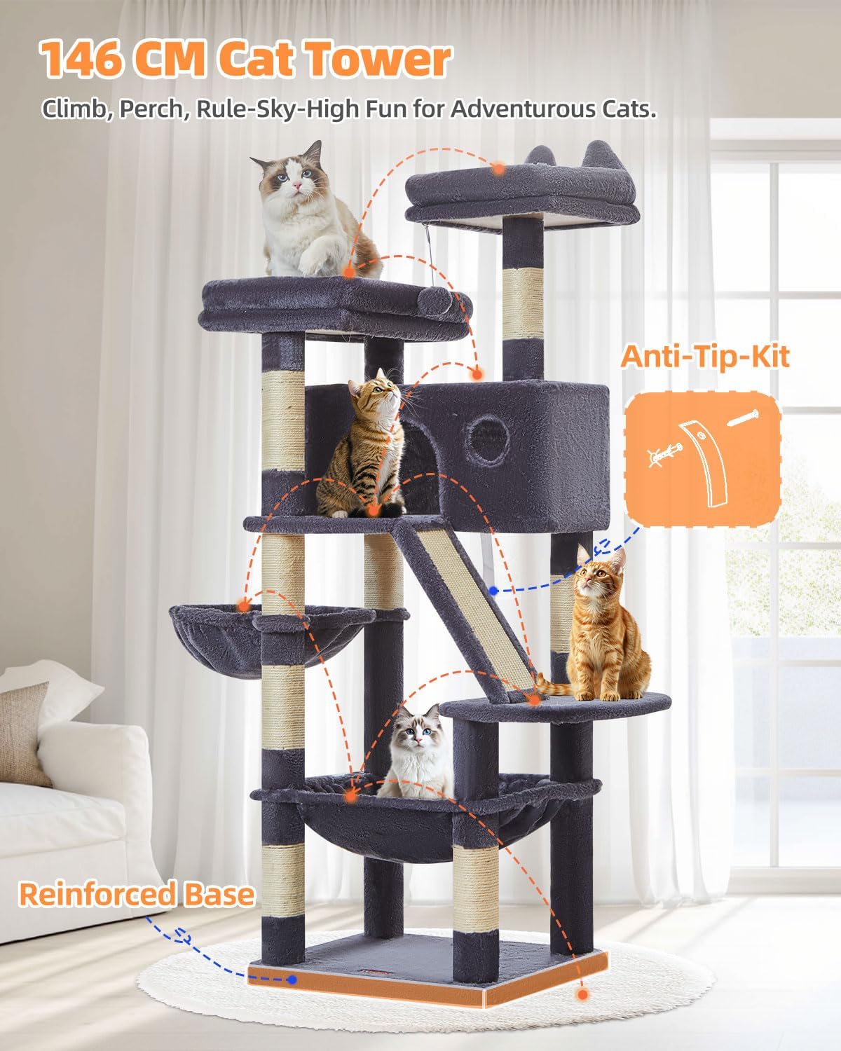 Thumbnail 2 de Taoqimiao Cat Tree 146cm: Multi-level Indoor Cat Tower with 8 Sisal Posts and Dual Top Perches