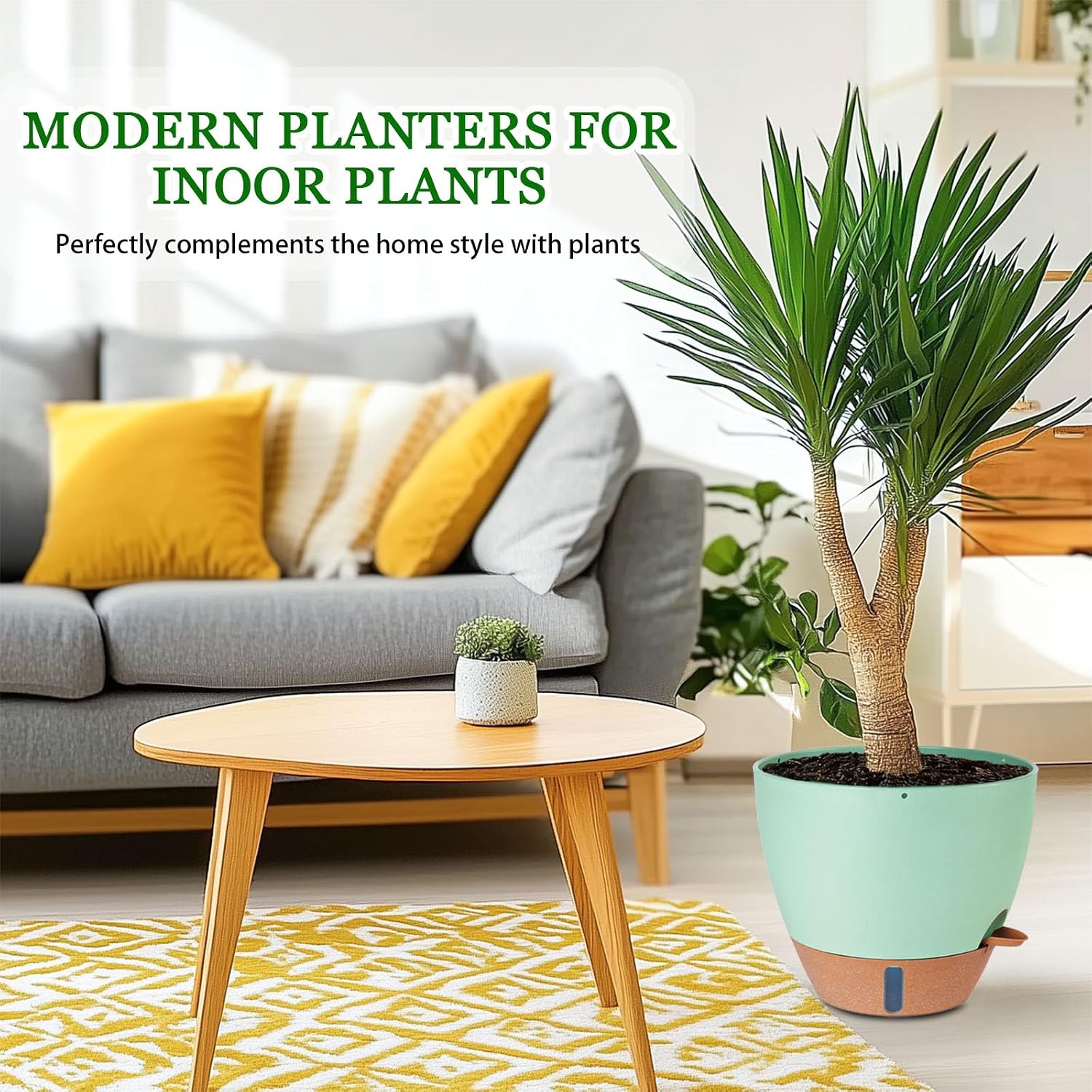 Detalle de Fielda 8/10/12-Inch Self-Watering Planters, Green Plastic Pots with Water-Level Indicator