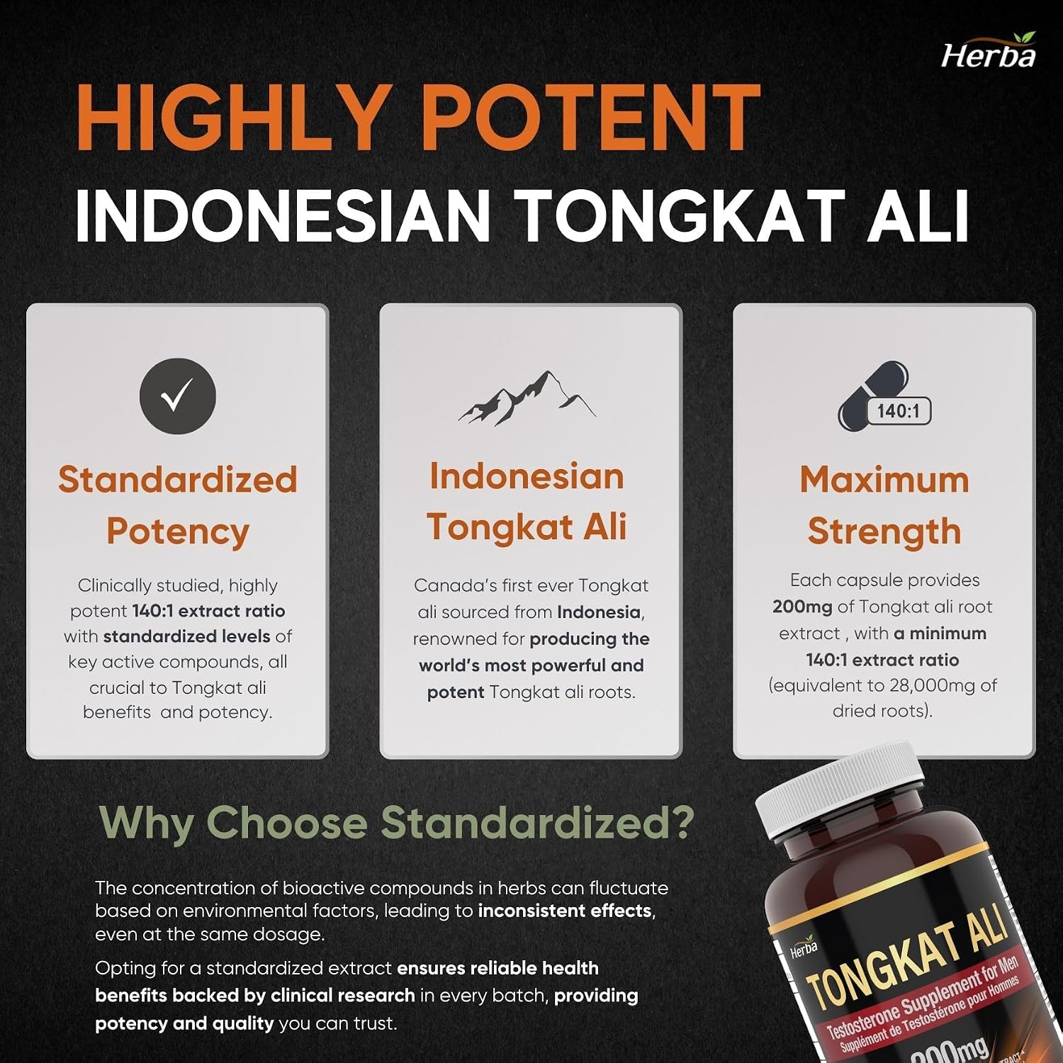Detalle de Herba Pure Tongkat Ali Capsules, 140:1 Extract, Made in Canada