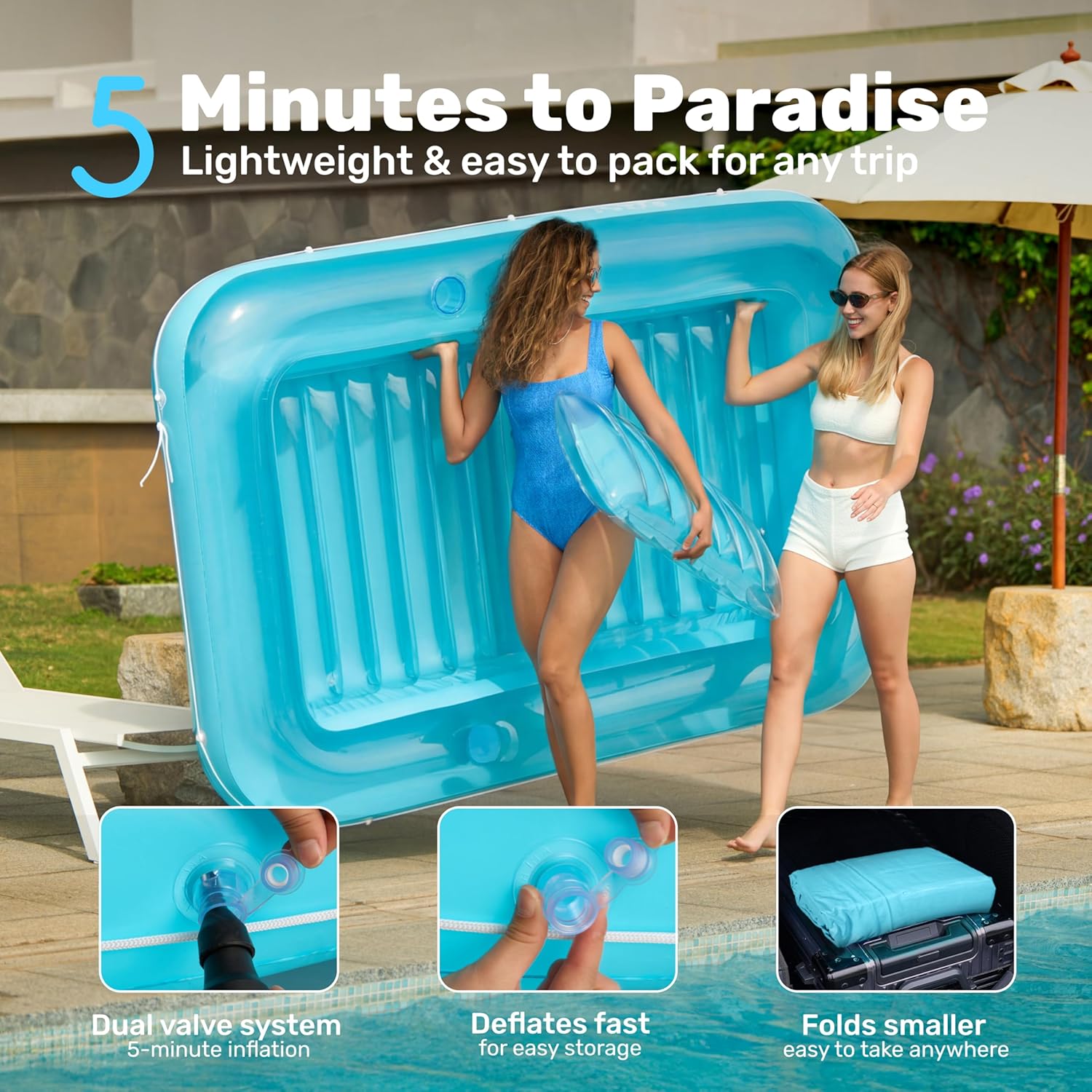 Thumbnail 5 de Sloosh Inflatable Tanning Pool Lounger Float (85" x 57") — XL Blue 4-in-1 Suntan Tub Raft Lounge
