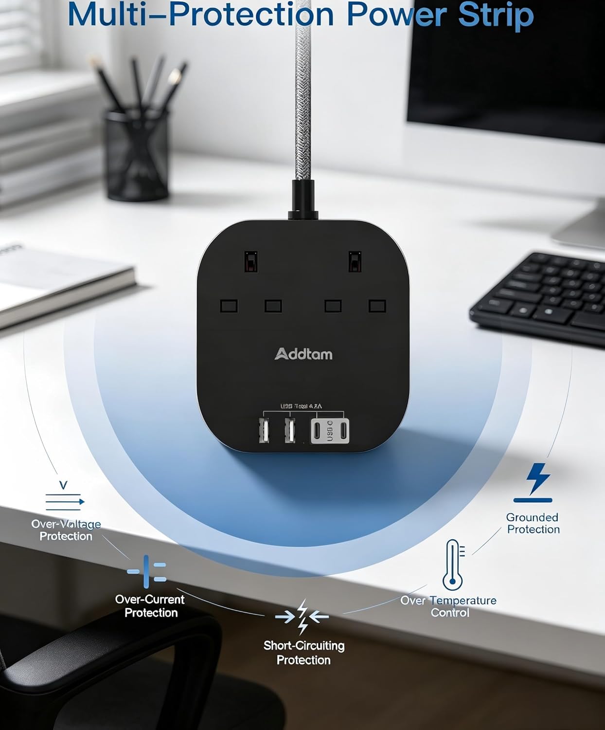 Detalle de Addtam 5M Extension Lead with USB Slots and Braided Cord – 2 UK Outlets, 4 USB Ports (2x USB-C, 2x USB-A) with Surge Protection
