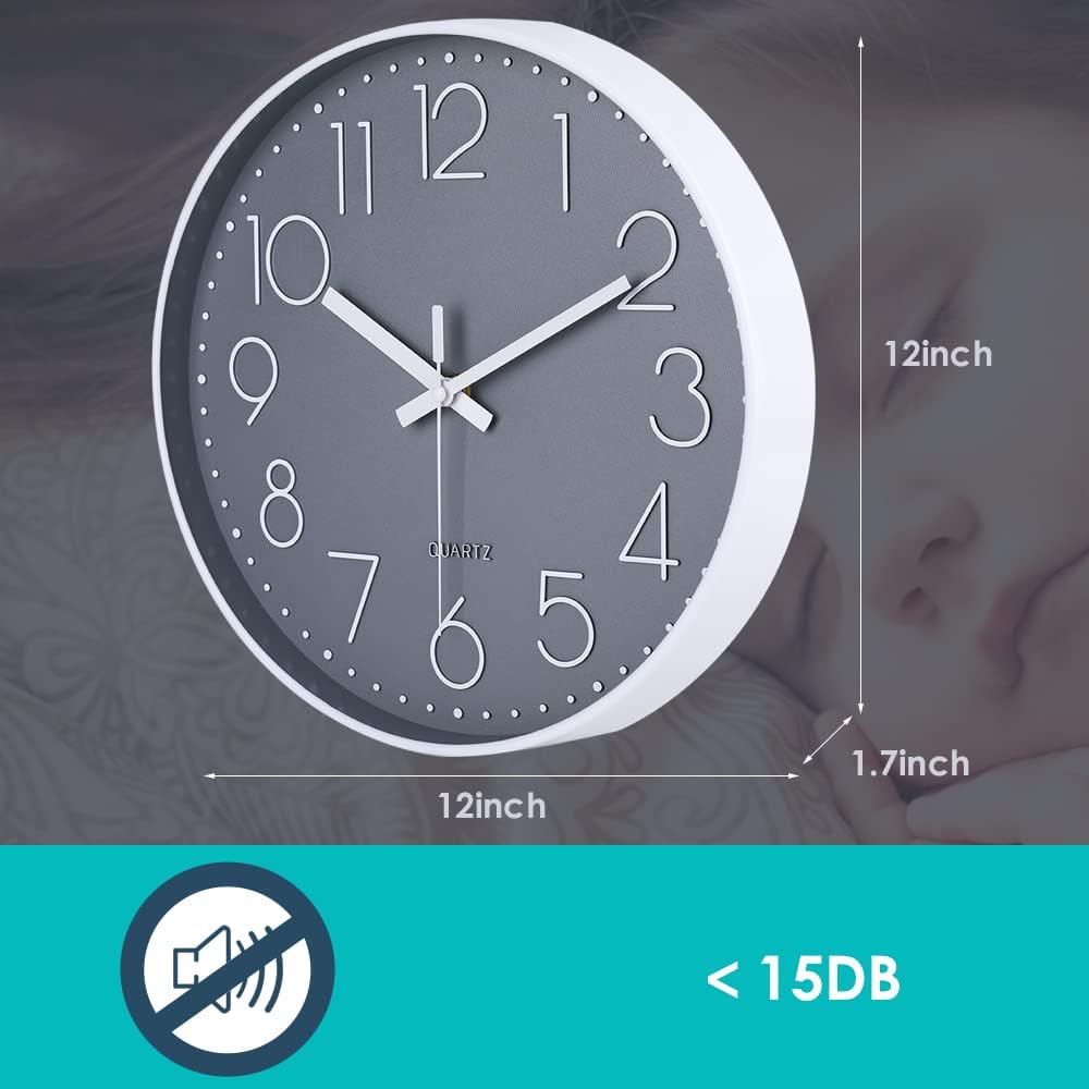 Detalle de Jomparis Quality Silent & Non Ticking Quartz Sweep Round Wall Clock, 12 inch Grey