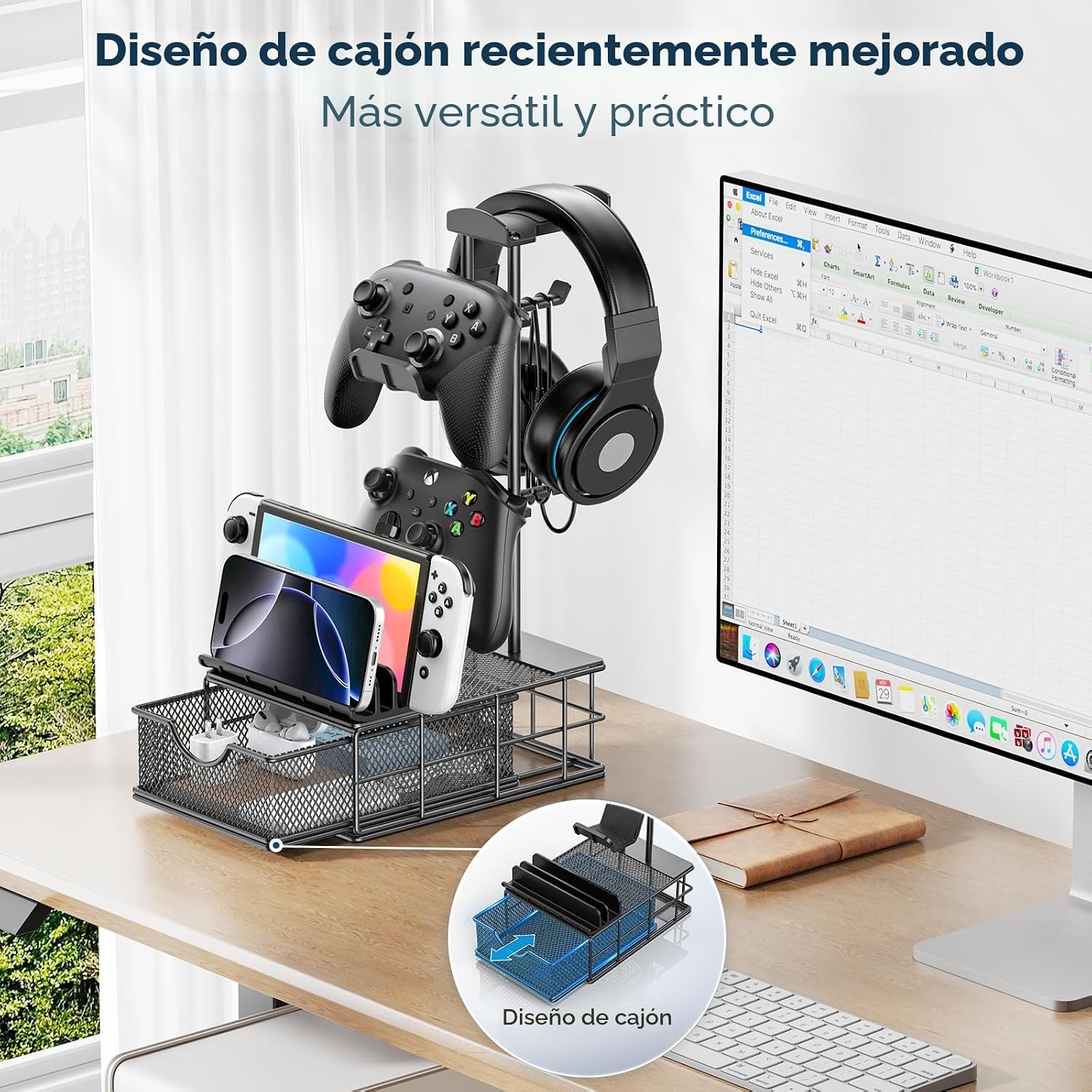 Detalle de KDD Soporte Auriculares Gaming con Cajón y Organizador de Cables – Barra de Aluminio, 2 Mandos y USB/Dispositivos