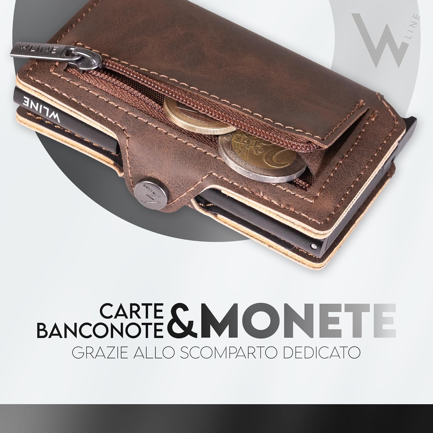 Detalle de WLine Portafoglio Uomo Slim con Portamonete RFID – Marrone Scuro Vintage con Zip, 6 tessere, chiusura a bottone