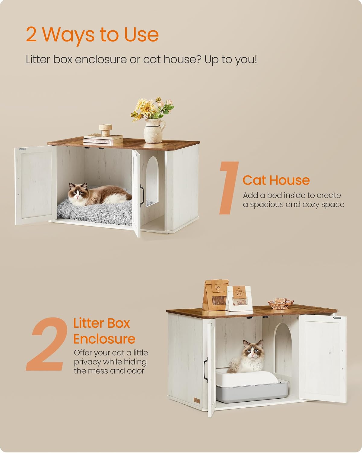 Detalle de Feandrea UPCL012K01 Litter Box Enclosure, Farmhouse Style, Double Doors