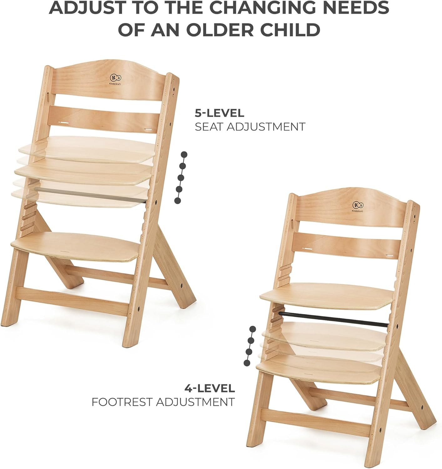 Detalle de Kinderkraft ENOCK Wooden Highchair + CALMEE Baby Bouncer: Multifunctional Growth Chair