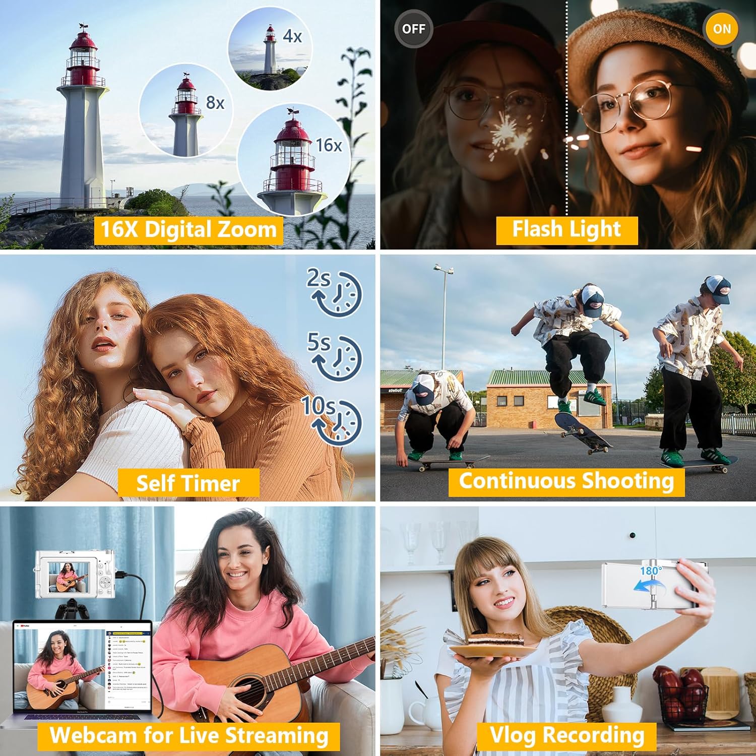Thumbnail 5 de 4K Digital Camera for Photography with Autofocus, 64MP WiFi Vlogging Camera (3" 180° Flip Screen) + 2 Batteries, White