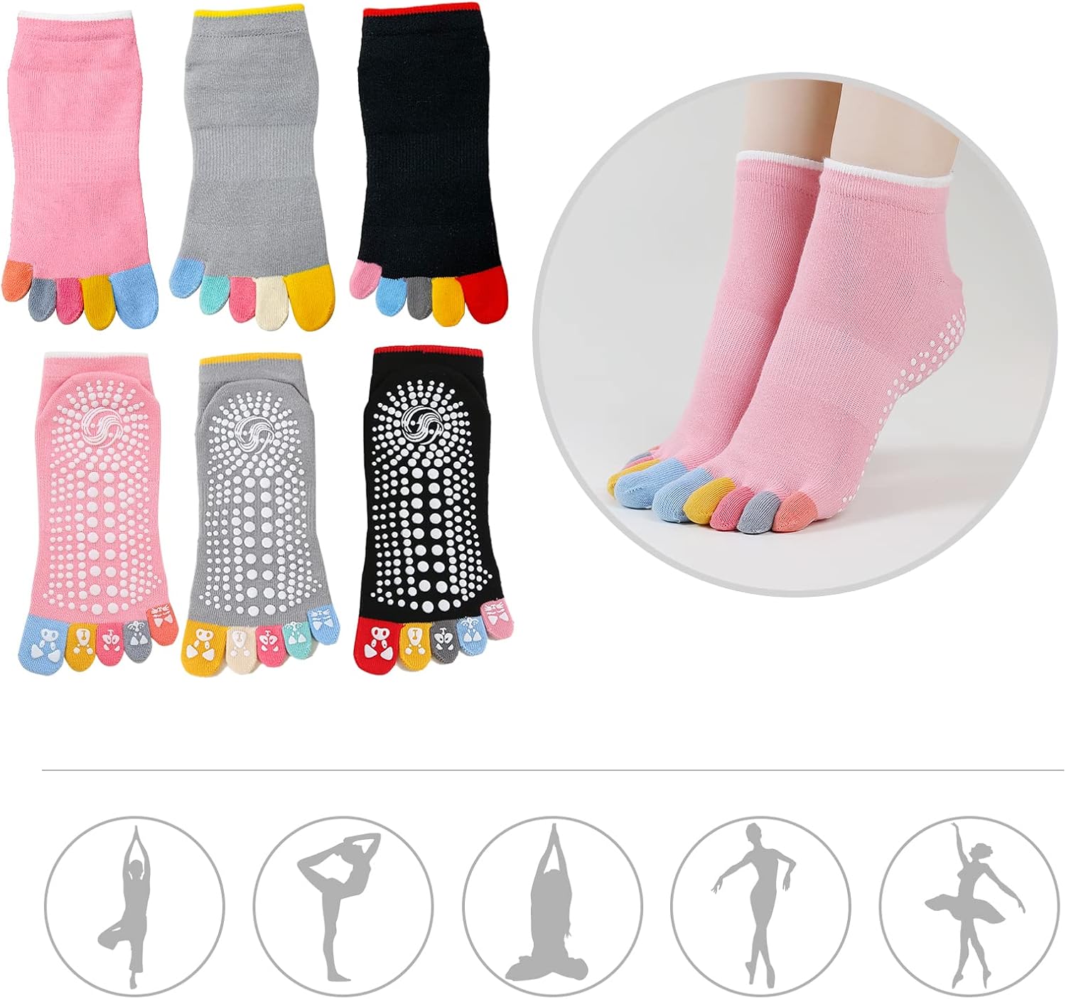 Thumbnail 4 de Zakasa Yoga Chaussettes Antidérapantes Femme – Chaussettes à 5 doigts, 3 paires, taille 36–43