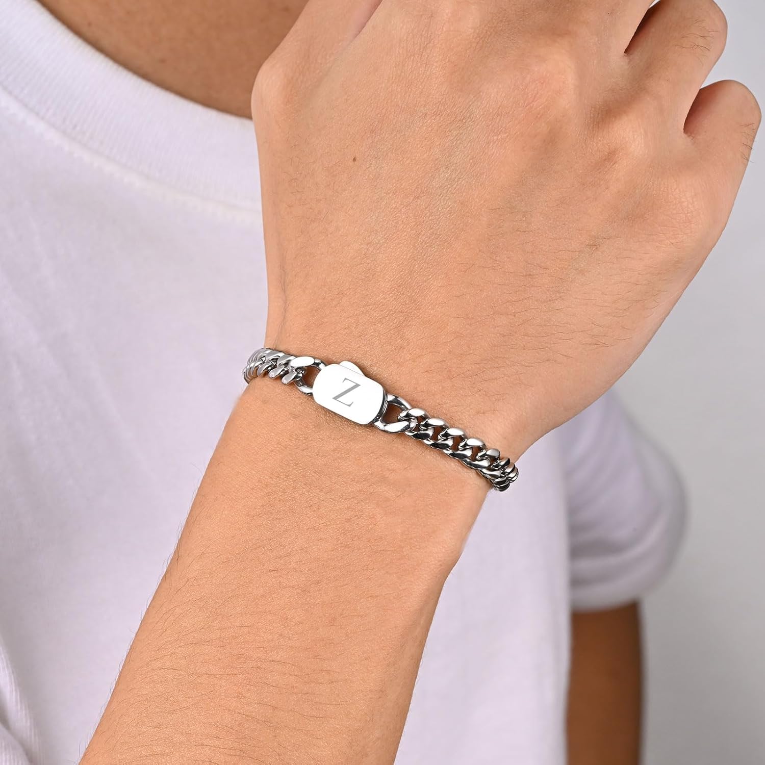 Thumbnail 3 de XUANPAI Initiale Armbänder für Männer (A–Z) – Silbernes Cuban-Link Edelstahlarmband mit Gravur, 21 cm
