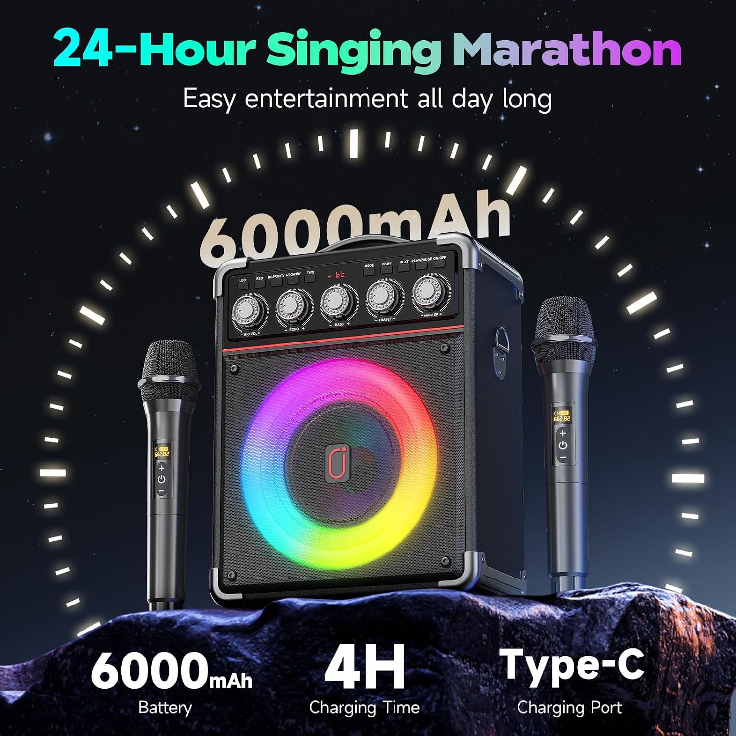 Detalle 1 de PPMIC TX05 Portable Karaoke Machine, 100W, Bluetooth 5.3, 2 Wireless Mics