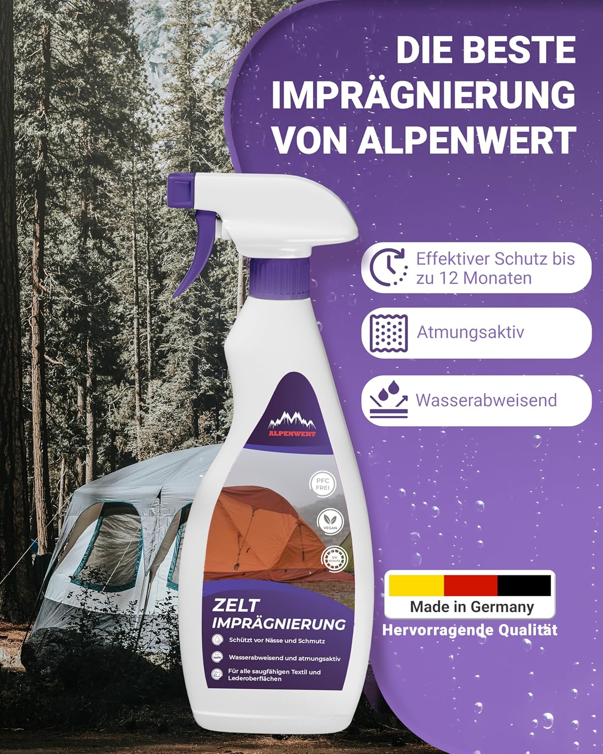 Thumbnail 5 de Alpenwert Zelt & Pavillon Imprägnierspray LANGZEIT-ABPERL-Schutz – langanhaltender Wasserschutz Made in Germany