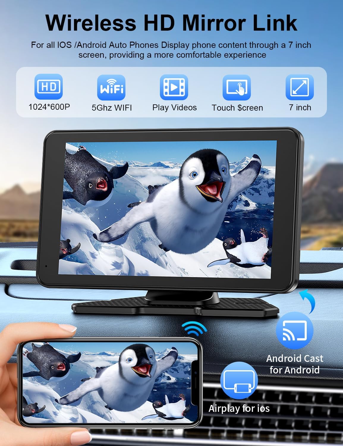 Detalle 2 de Carplay Screen for Car 7” HD Portable Touchscreen Stereo with Wireless Android Auto, Backup Camera, Mirror Link, Bluetooth, and GPS