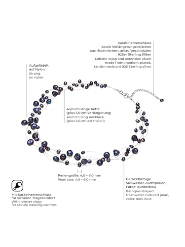 Detalle 2 de Valero Pearls Collier de perles en argent 925 – perles de culture d’eau douce bleu foncé, 43 cm + 5 cm d’extension, 5 rangées