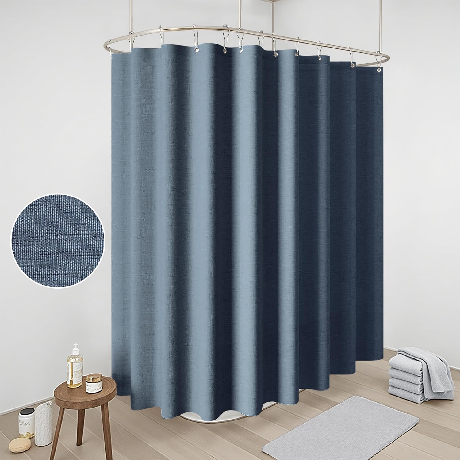 Detalle de VANZAVANZU Rideau de Douche Lin avec Anneaux en Métal – 275x182 cm, Bleu Marine