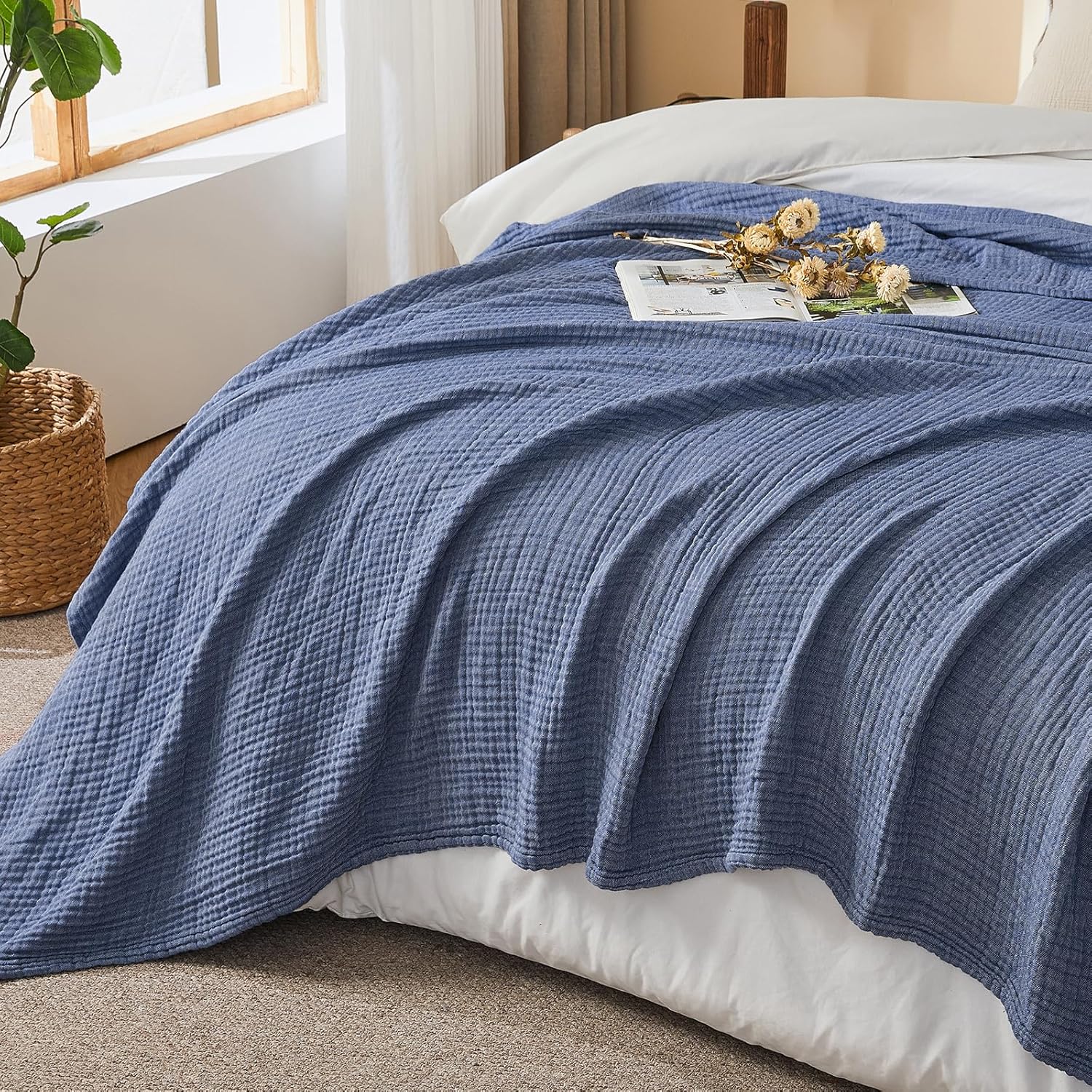 Thumbnail 6 de EMME Cotton Muslin Large Throw Blanket (Heather Navy) — 50x70, Lightweight & Breathable