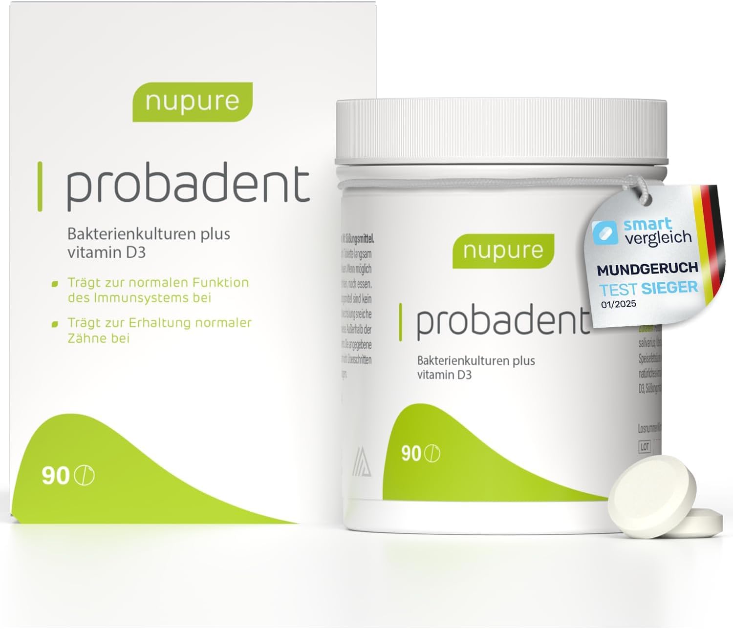 Thumbnail 1 de Nupure Probadent Lutschtabletten gegen Mundgeruch mit Milchsäurekulturen und Vitamin D3 – Zitronengeschmack, 90 Kapseln