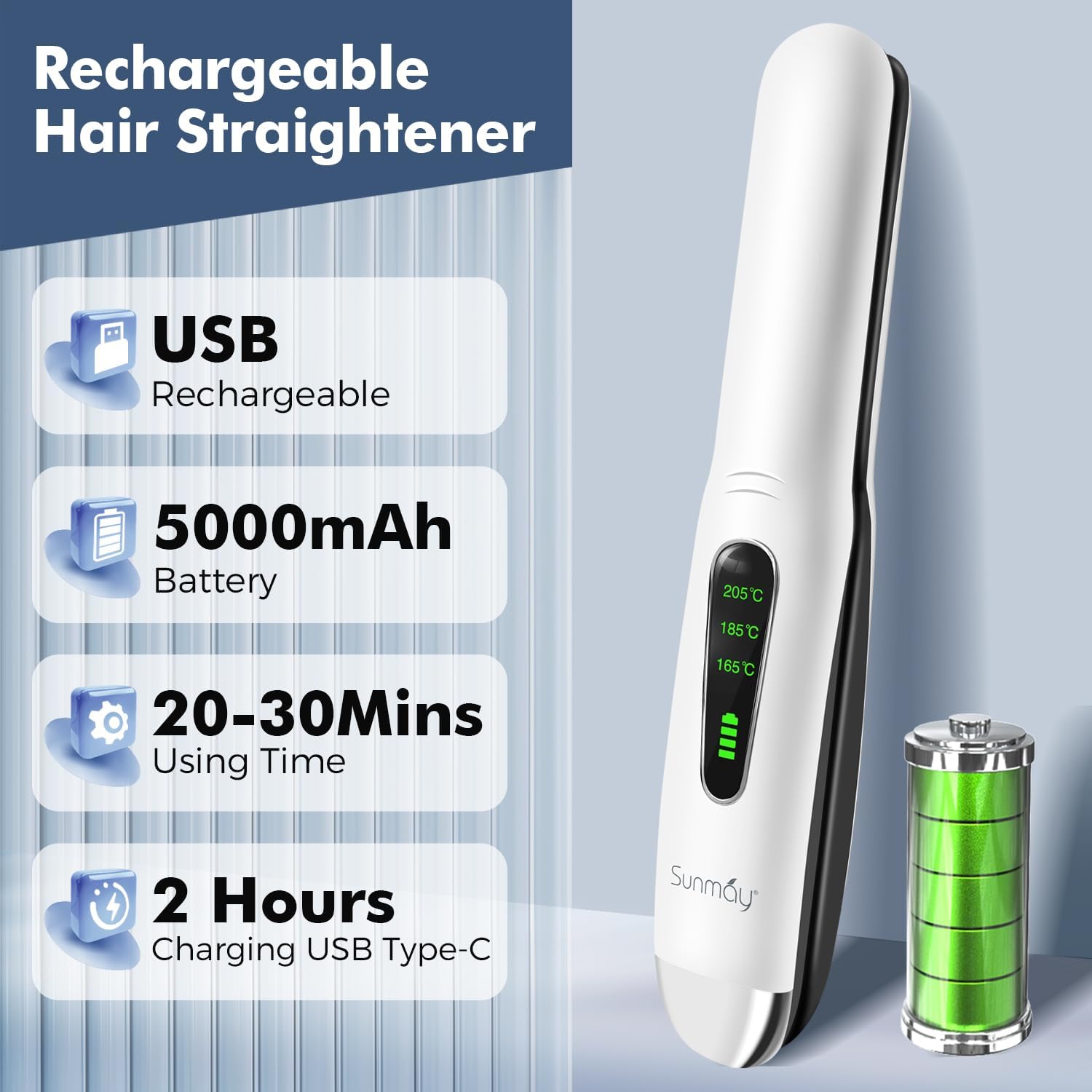 Detalle de SUNMAY Cordless Hair Straightener (2-in-1) — Portable Mini Flat Iron for Travel