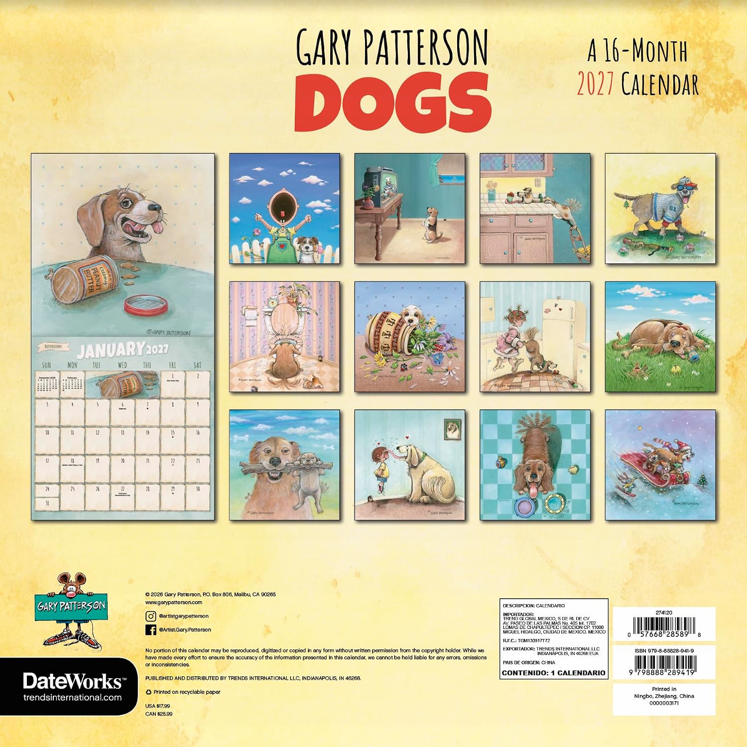 Detalle 2 de Gary Patterson 2027 Dogs Wall Calendar, 16-Month Layout, 12" x 12