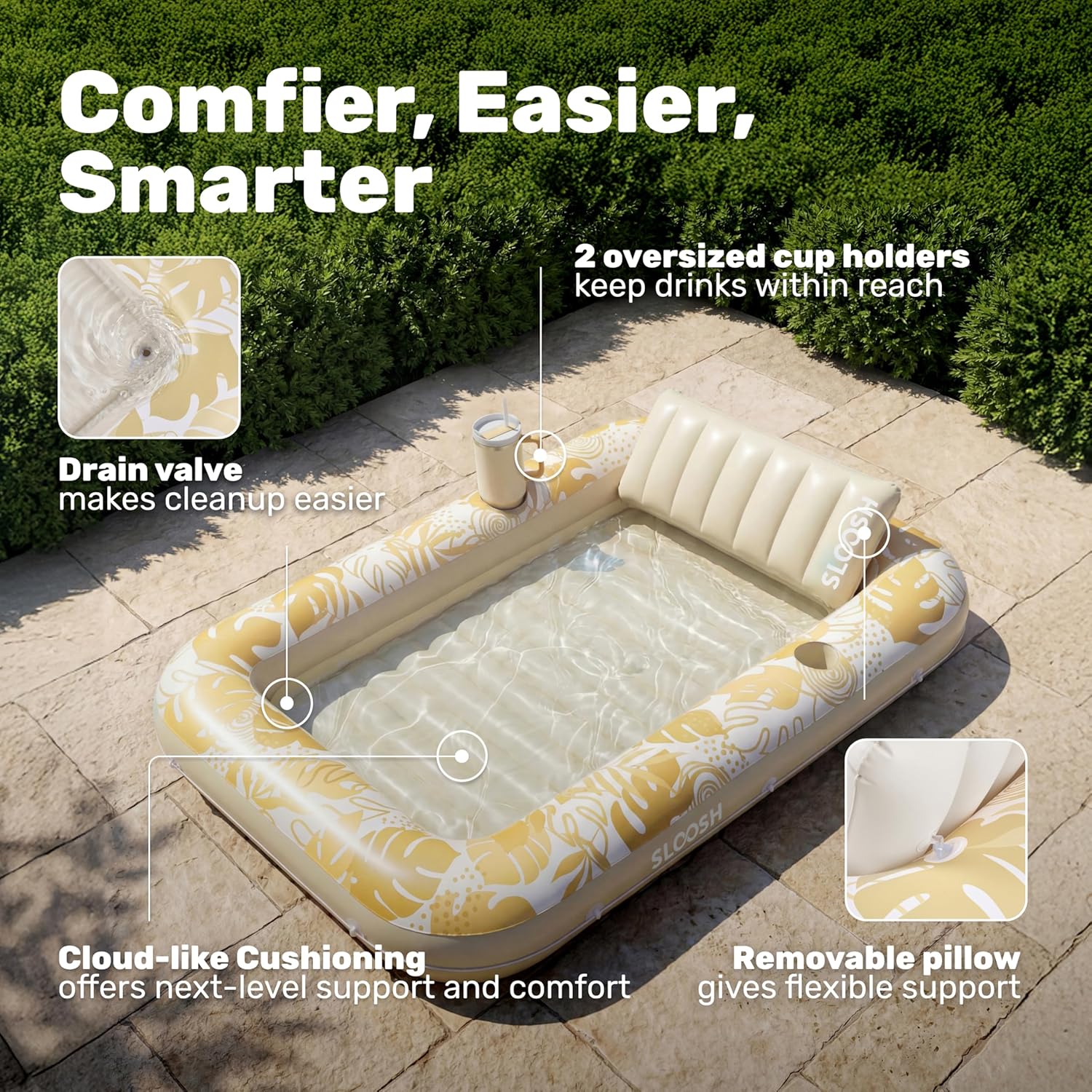 Detalle 2 de SLOOSH Inflatable Tanning Pool Lounger Float (85" x 57" XL) – Golden White