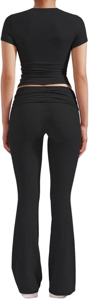Thumbnail 3 de ZFLM Women’s Casual Workout Two-Piece Set: Short Sleeve Crop Top & High-Waist Foldover Flare Pants