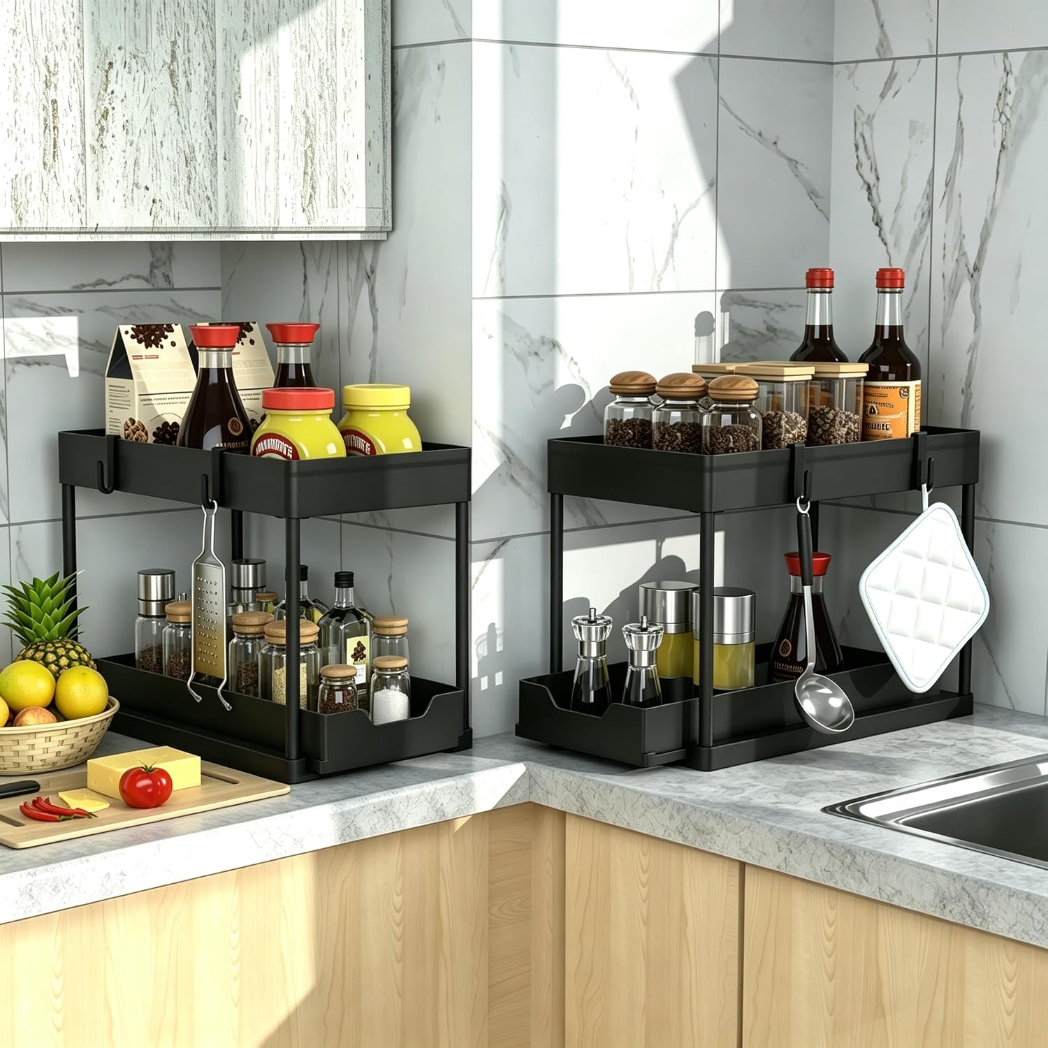 Detalle 1 de DEKAVA ORGER-2 Under-Sink Organizer, 2-Tier Sliding Baskets, Black, 2-Pack