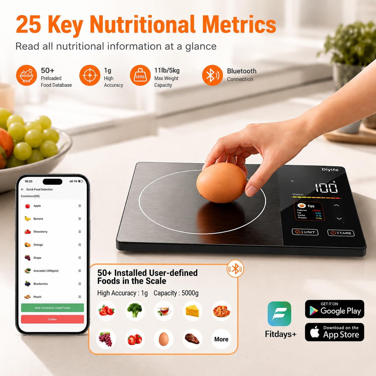 Detalle de Diyife UKHMK27 Smart Food Scale with TFT Display and 25-Nutrient Tracking