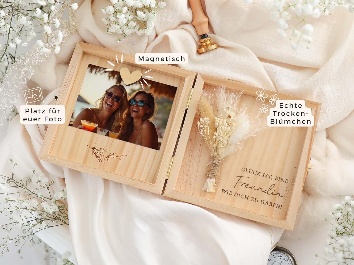 Detalle de Joli Coon Geschenkbox für Freundinnen – Glück ist es eine Freundin wie Dich zu haben, Holzbox 14 × 14 × 3 cm