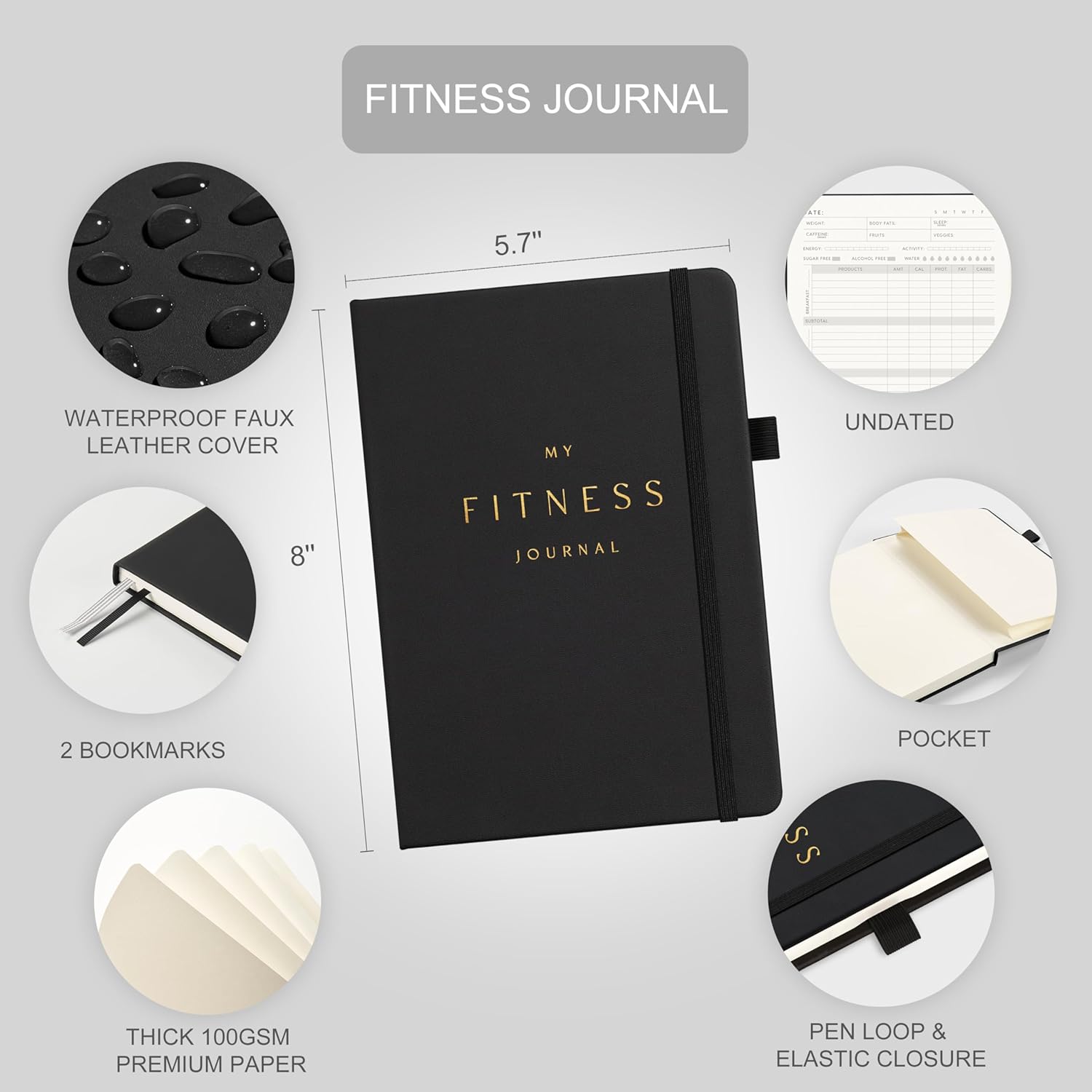 Detalle 2 de &And Per Se FIT-01 Fitness and Food Journal, Undated A5 Black Hardcover