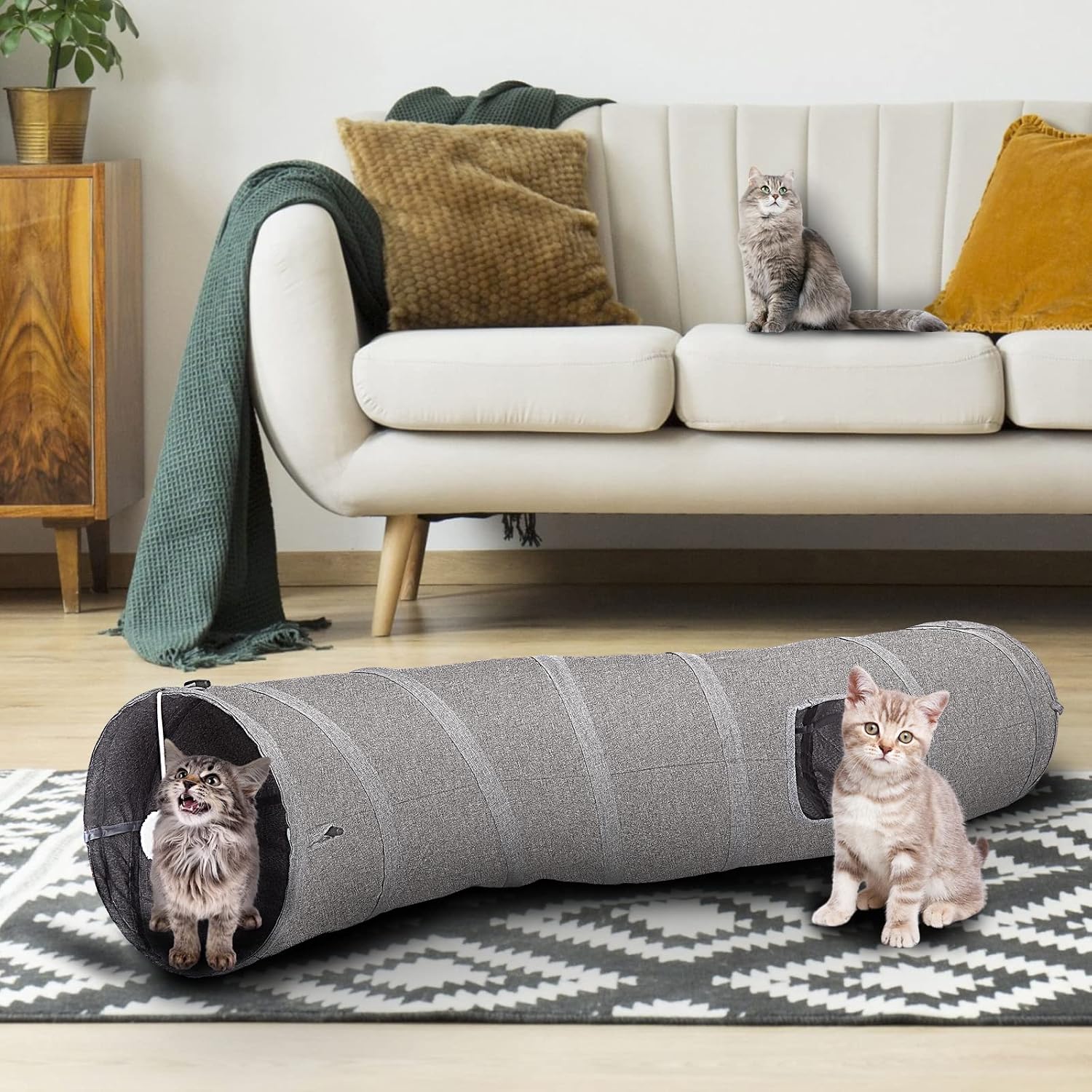 Detalle de Ownpets Cat Tunnel S-Shape with Hanging Balls (25 x 120cm) – Foldable Oxford Play Tube for Indoor Kittens