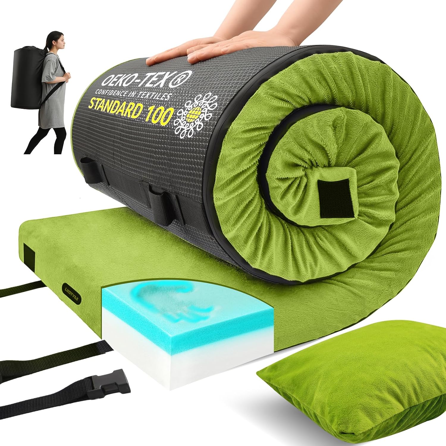 Detalle de Lxotvae Memory Foam Camping Mattress Pad (Waterproof, Non-Slip Roll-Up) for Adults