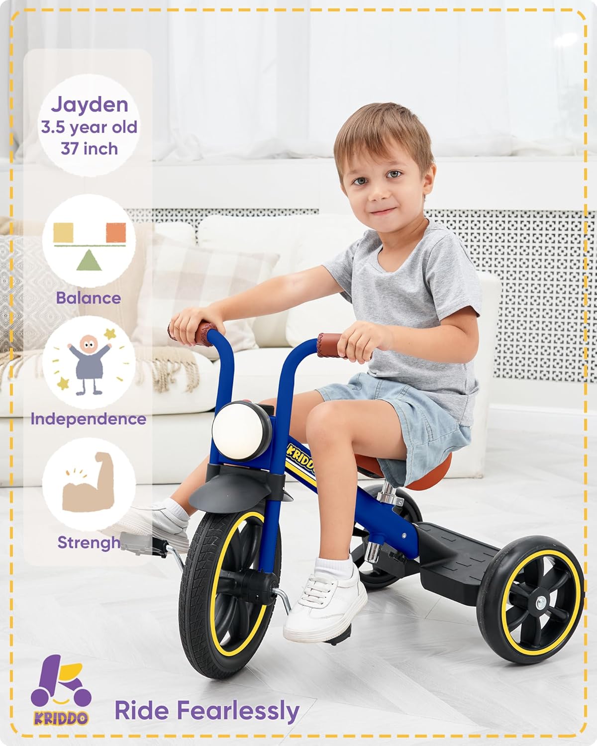 Thumbnail 1 de KRIDDO Kids 12 Inch Tricycle with Puncture-Free Wheels, Front Light & Adjustable Seat (Blue)
