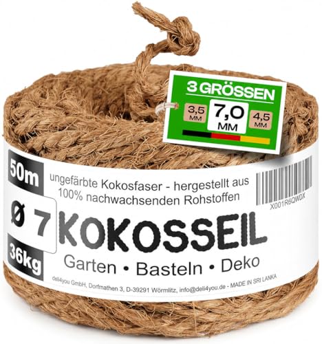 Detalle de deli4you Kokosseil Gartenseil für Pflanzen – 7 mm × 50 m