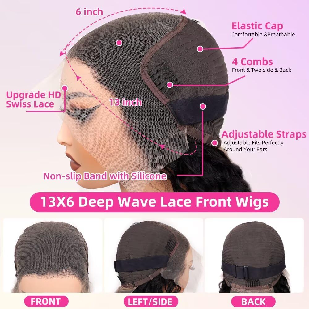 Detalle de Hotsea 30 Inch Deep Wave 13x6 HD Transparent Lace Front Wig (200% Density, Glueless)