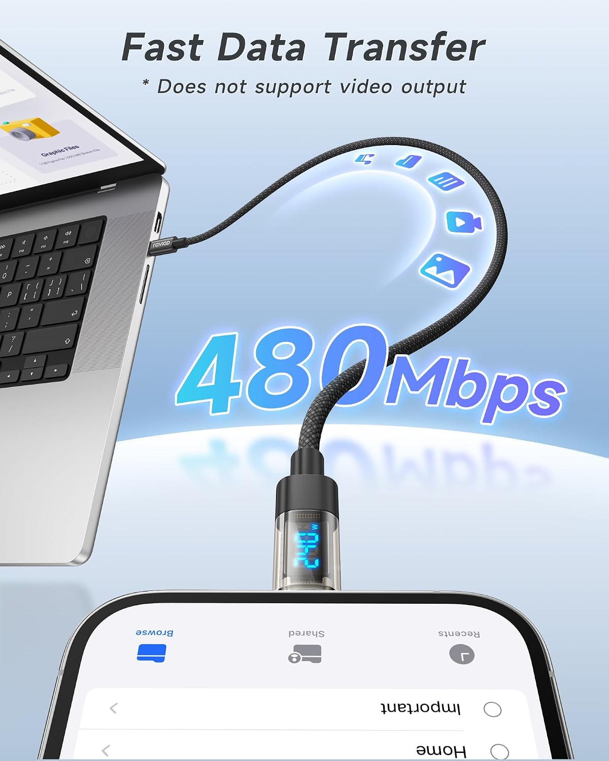 Thumbnail 6 de RAVIAD Cavo USB-C USB-C 240W da 1 metro con PD 3.1, QC 3.0 ed E-Marker