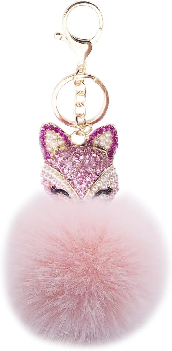 Thumbnail 5 de Xsclpomddy Pom Poms Keychains: Fluffy Fox Head Crystal Rhinestone Pendant