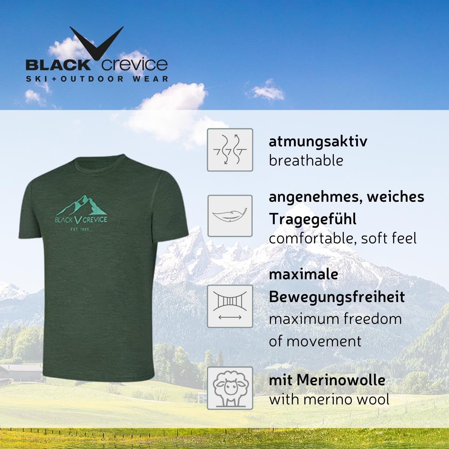 Detalle de Black Crevice T-Shirt mérinos Homme: comfort haut de gamme et performance naturelle