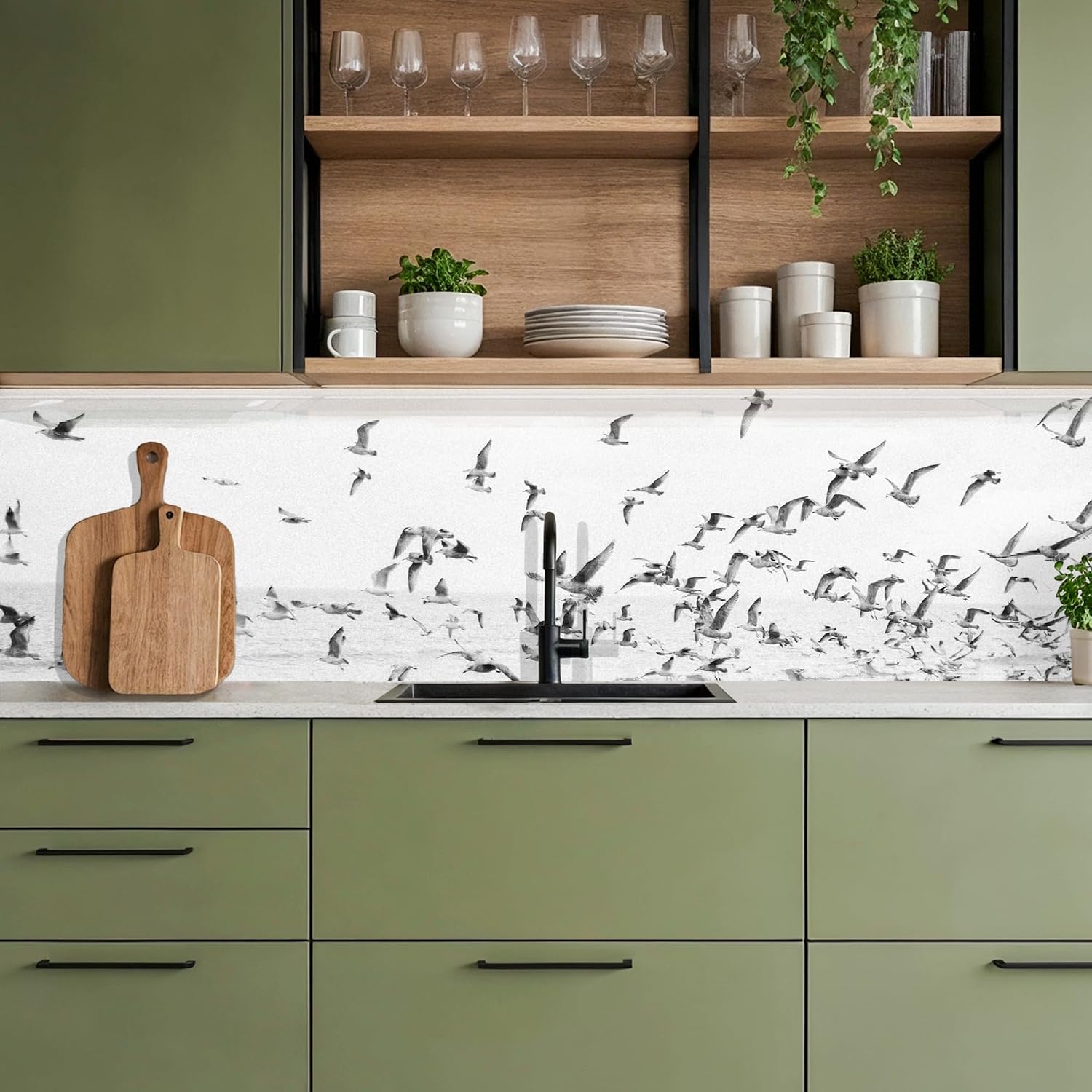Thumbnail 1 de KitchenYeah zelfklevende kunststof spatwand 80 x 300 cm met zeevogelmotief