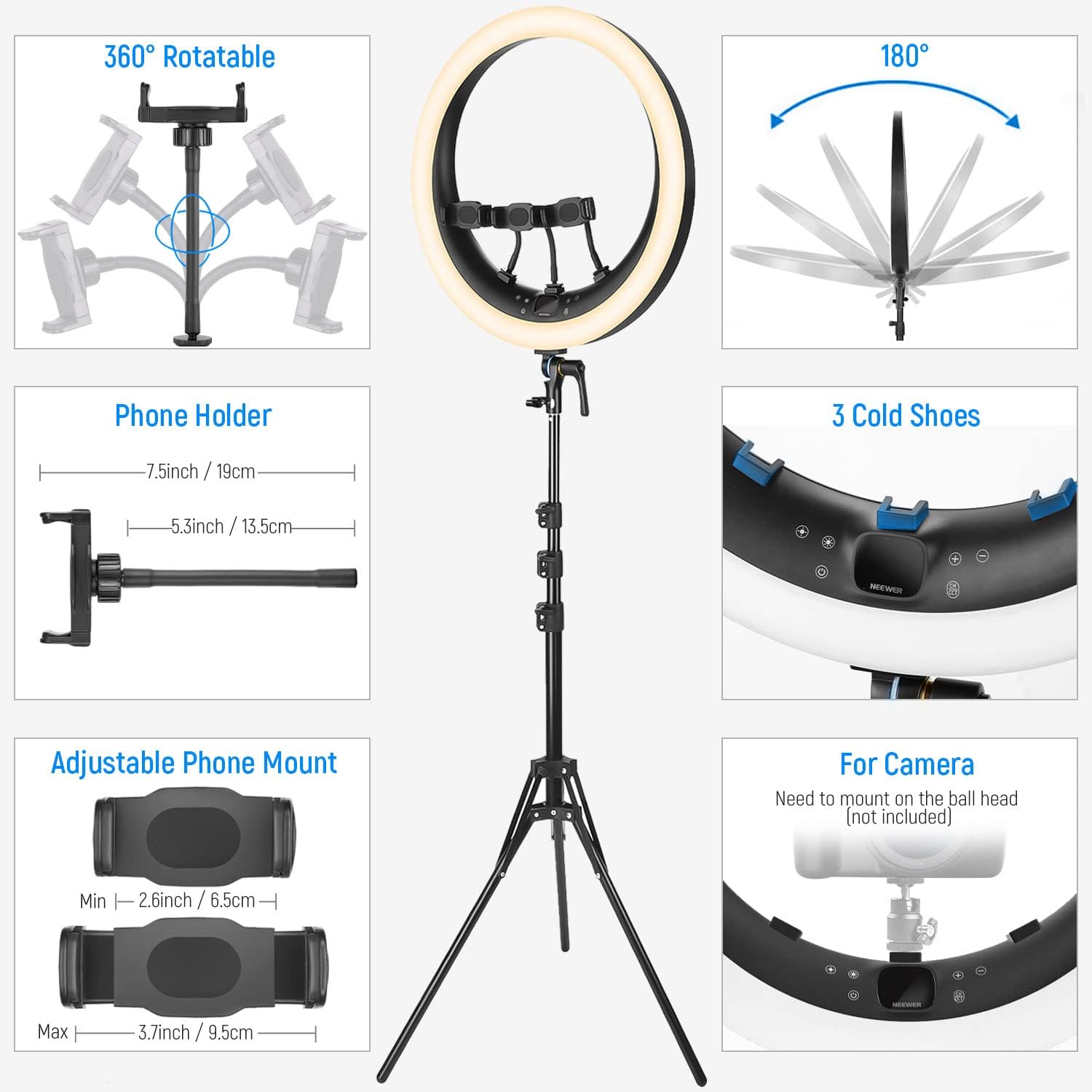 Thumbnail 6 de NEEWER Ring Light RP19H da 19" con stativo e 3 portatelefono, touch 2,4G e telecomando Bluetooth