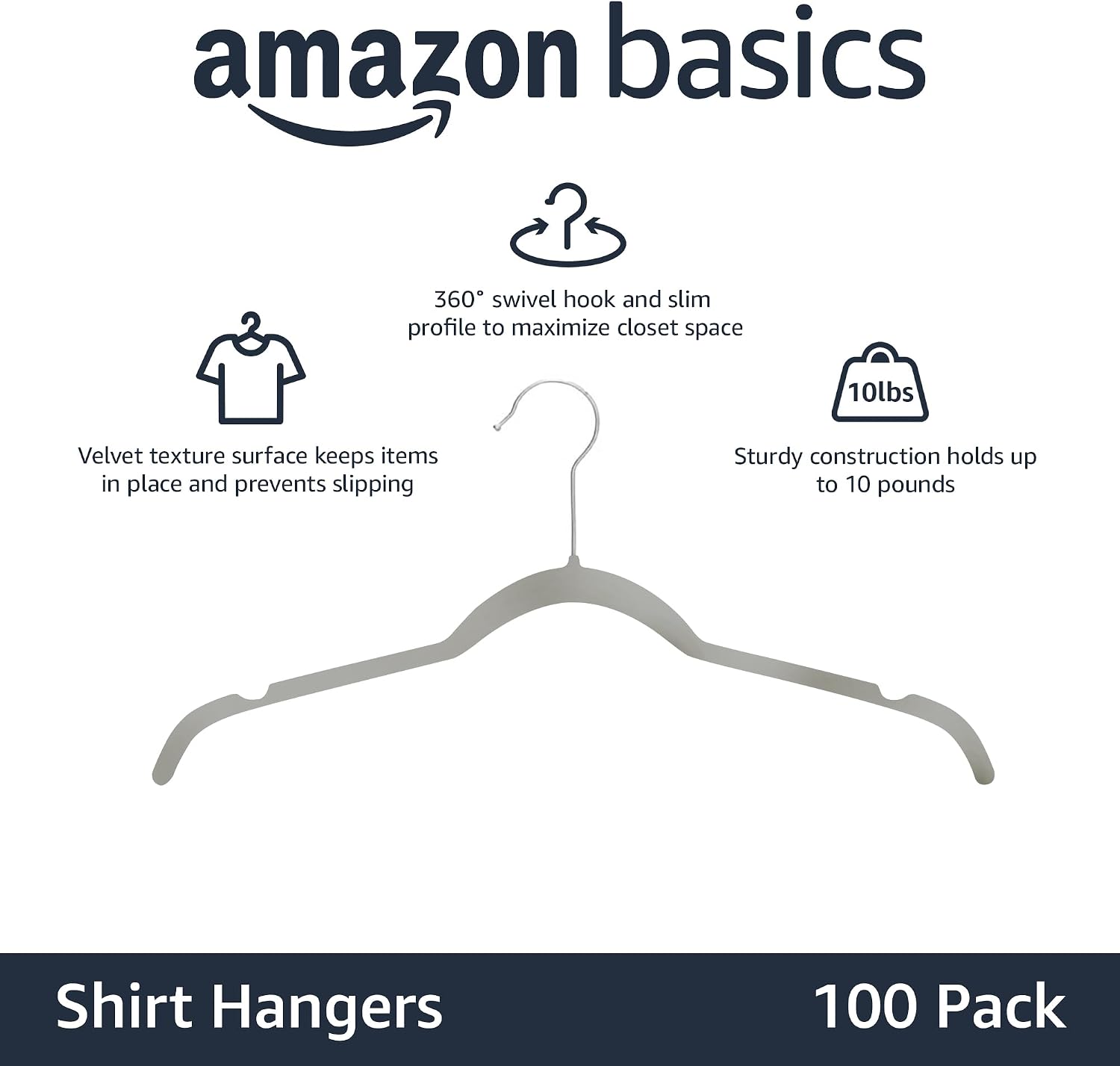 Detalle 2 de Amazon Basics aksamitne wieszaki na ubrania, szare, wąskie, 100 sztuk