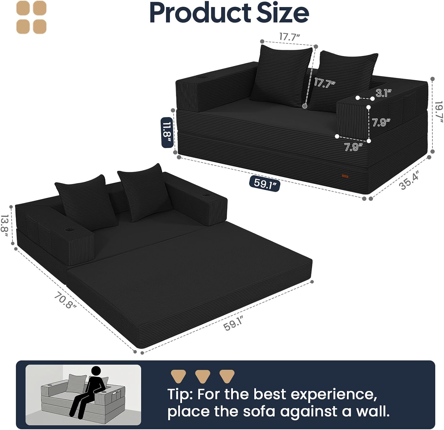 Detalle de COMAX Futon Sofa Bed: 4-in-1 Convertible, Space-Saving Boneless Couch for Small Living Spaces