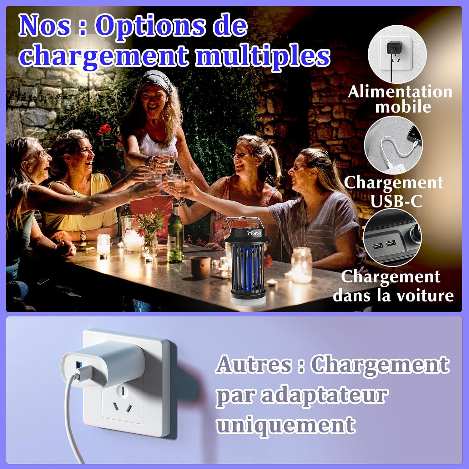 Detalle de Morole 2 en 1 Lampe Anti-Moustique Rechargeable USB-C avec LED — 4200V, Portable