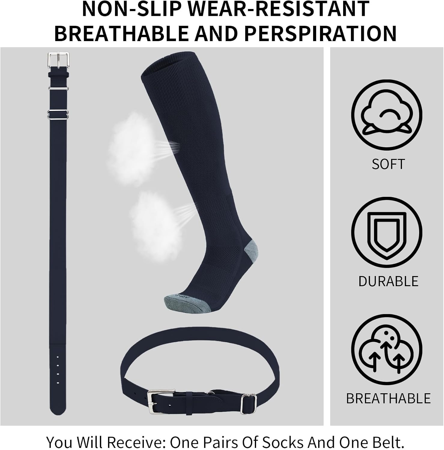 Detalle 2 de QBK Youth Baseball Socks & Belt Combo Set (Kids 2–16) for Baseball, Softball, and T-Ball