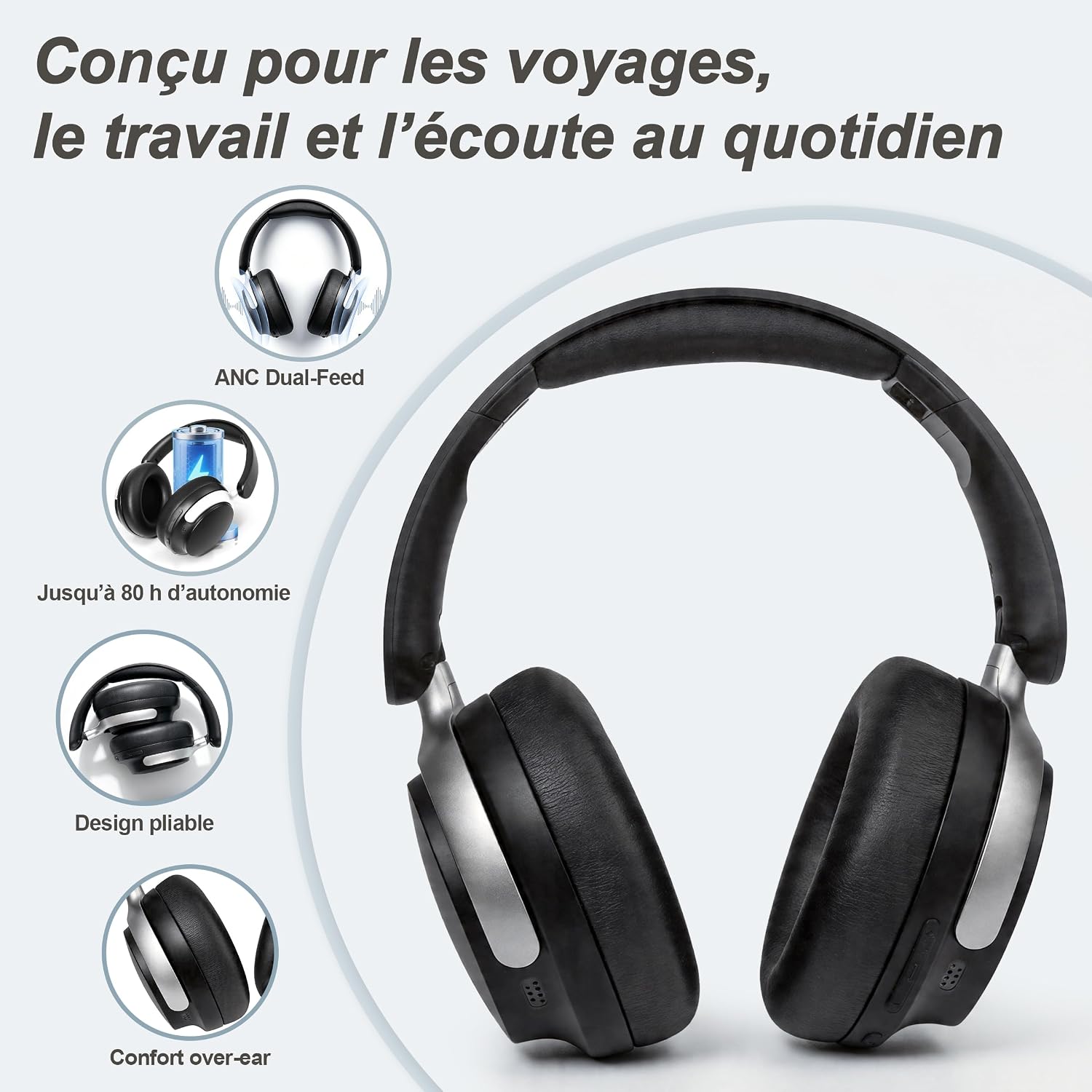 Detalle de VoKinroad Casque Bluetooth sans Fil Over-Ear avec ANC Dual-Feed — 80H, pliable, mémoire de forme