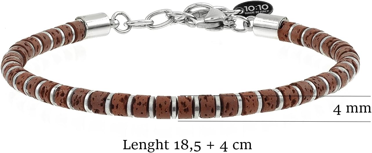 Detalle de 10:10 Bracciale e Collana Uomo Donna Lava Naturale ed Ematite 4mm – Regolabile, Acciaio Inox, Confezione Regalo