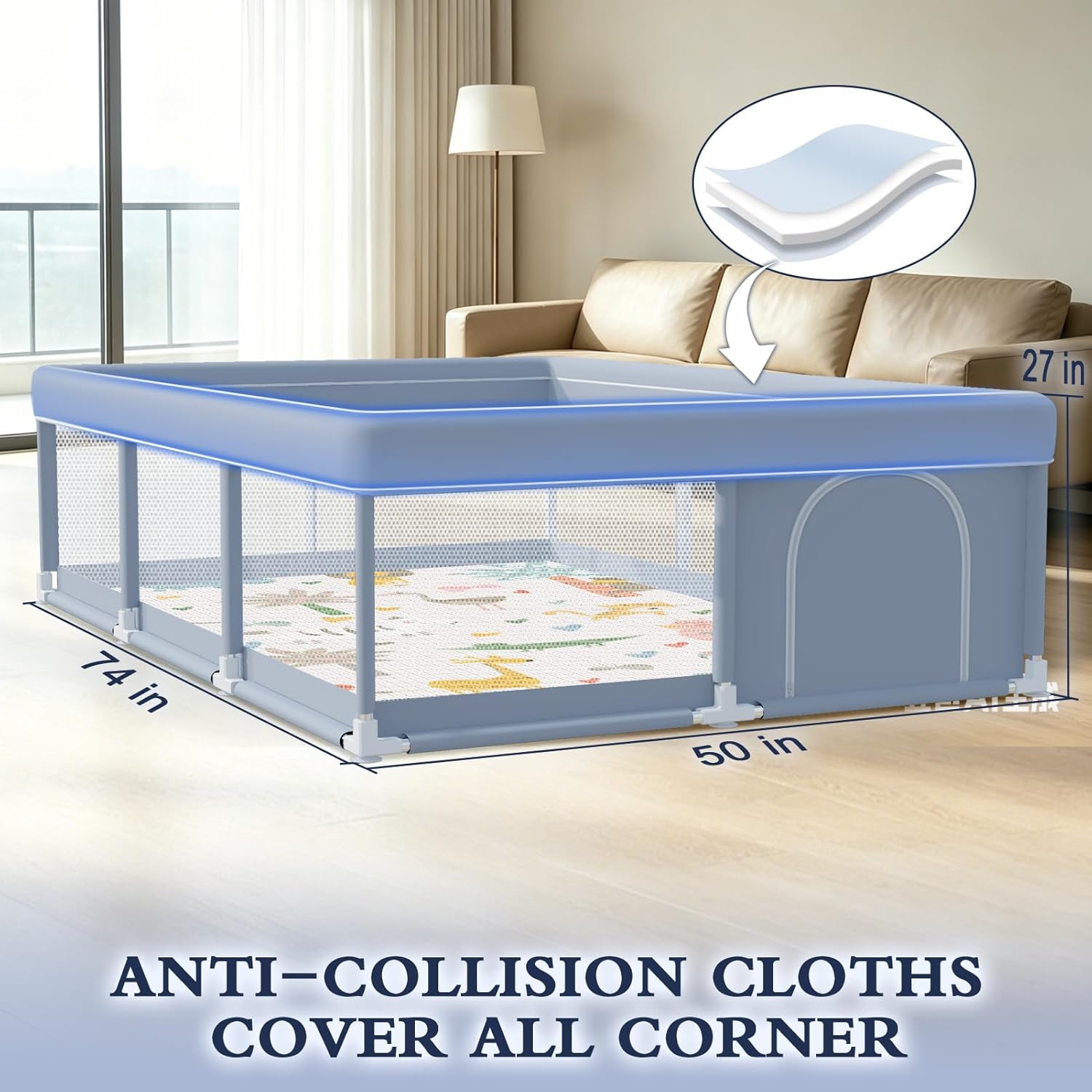 Thumbnail 1 de XVISHX 74 x 50 Inch Baby Playpen with Mat, Baby Playard for Indoor & Outdoor Use (Grey)
