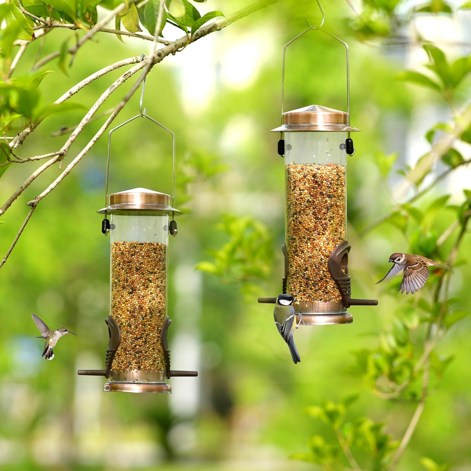 Thumbnail 5 de Urban Deco Copper-Finish Hanging Bird Feeders (2-port metal) – Weatherproof seed feeder, 2 pack